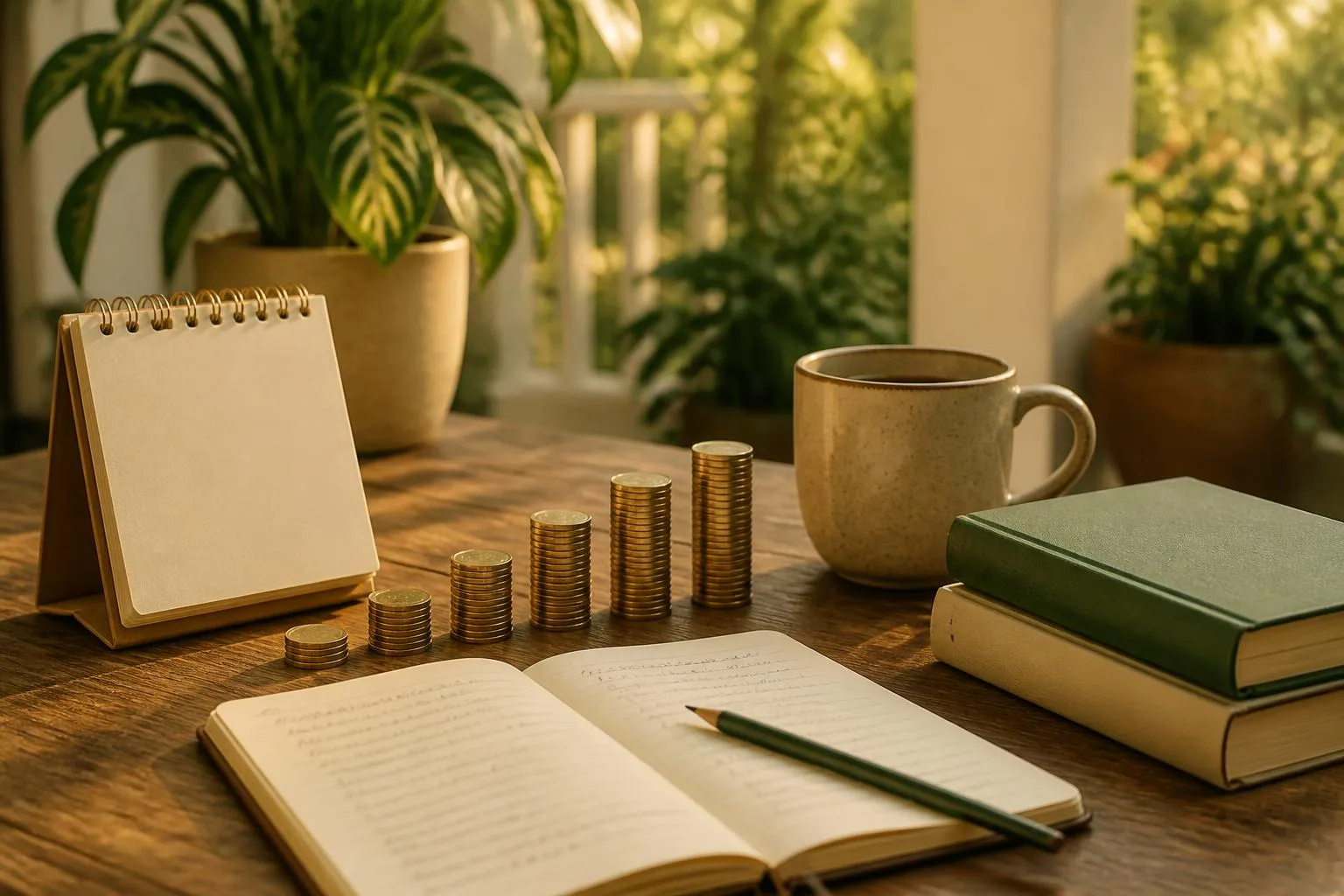 Stapeltjes munten die trapsgewijs hoger worden naast een bureaukalender en een notitieboek op een houten tafel op een veranda