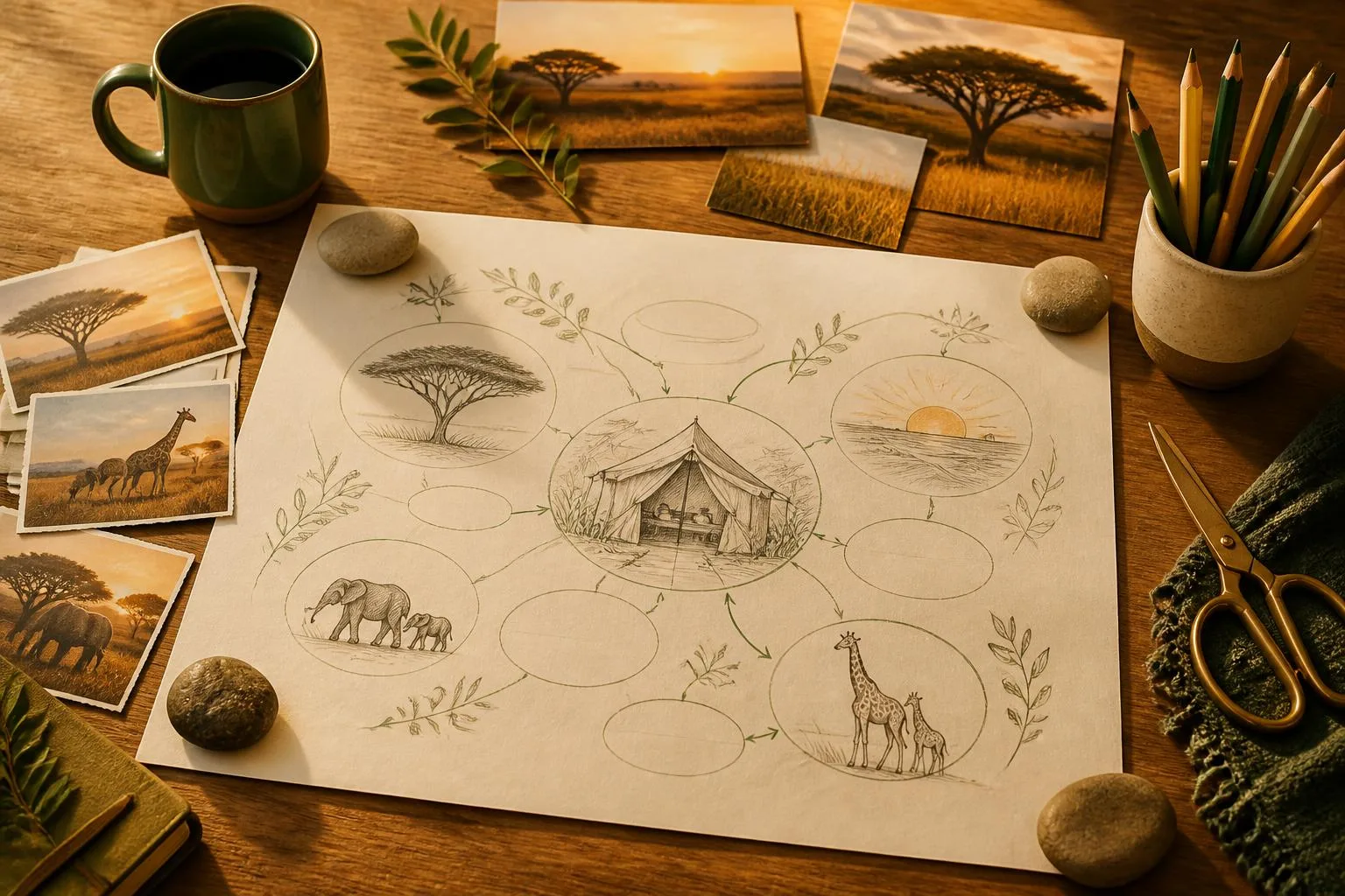 Houten tafel met een groot vel papier vol potloodschetsen van een safaritent, een acaciaboom, een zonsondergang, olifanten en giraffen, omringd door savannefoto\'s, een groene mok, kleurpotloden en een schaar