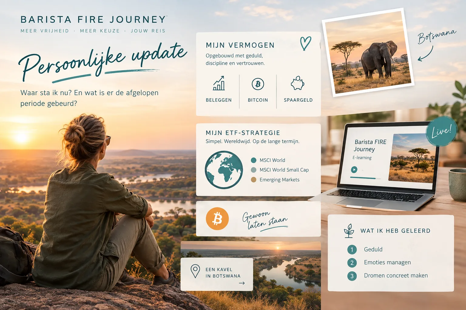 Persoonlijke update van Barista FIRE Journey: een vrouw kijkt uit over de savanne in Botswana, met mijn vermogen, ETF-strategie, bitcoin, de e-learning en een kavel in Botswana