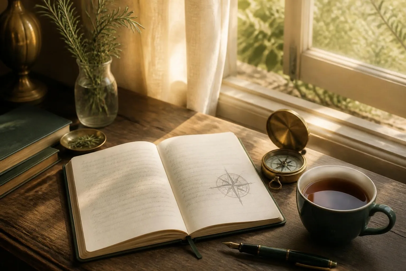 Schrijfbureau bij een open raam in ochtendlicht met een opengeslagen dagboek met een getekend kompas, een koperen kompas, een groene kop thee, een takje rozemarijn en een vulpen