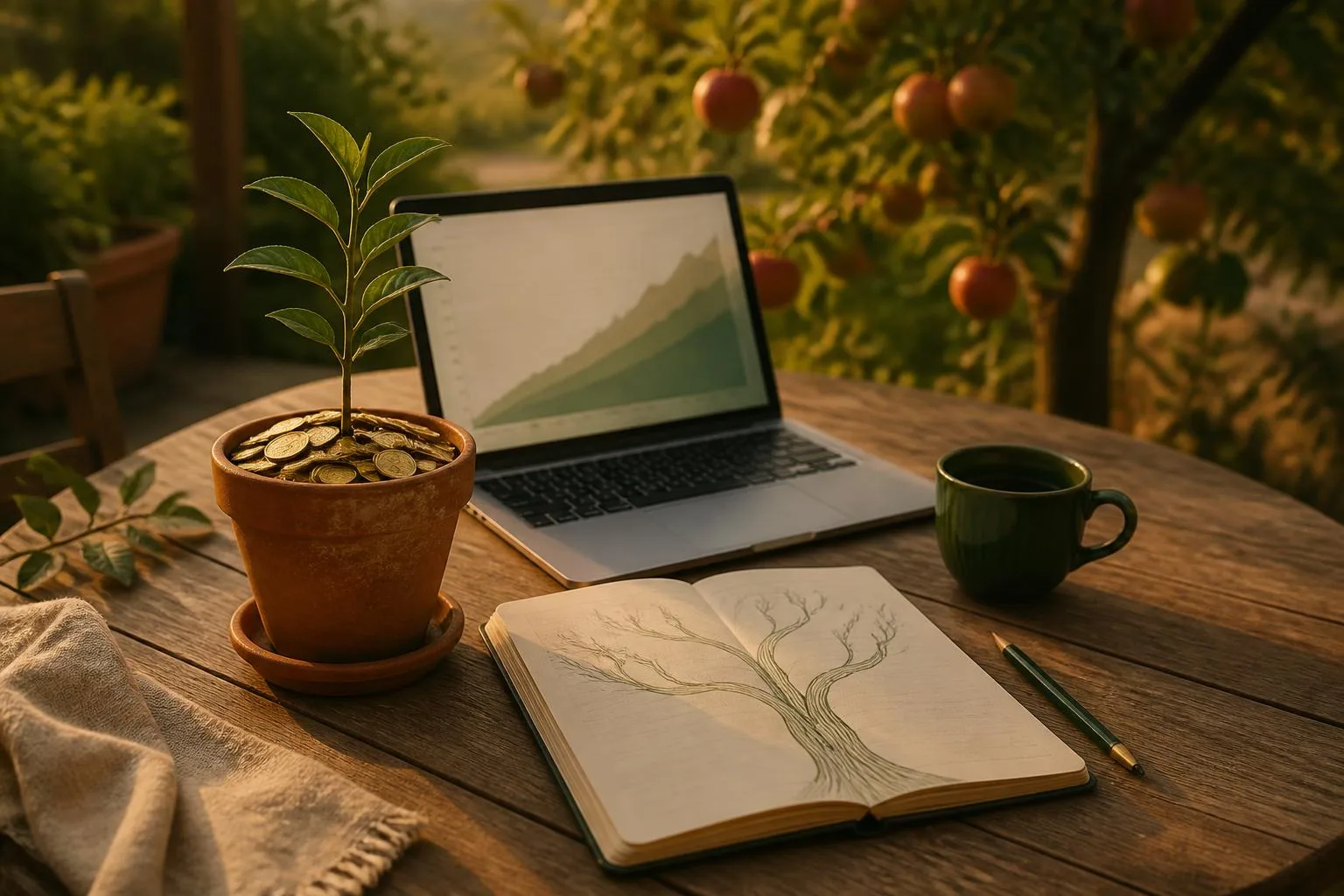 Houten terrastafel in avondlicht onder een appelboom, met een jong boompje dat groeit uit een pot vol munten, een laptop met een stijgende grafiek, een notitieboek met een getekende boom met wortels en een groene kop