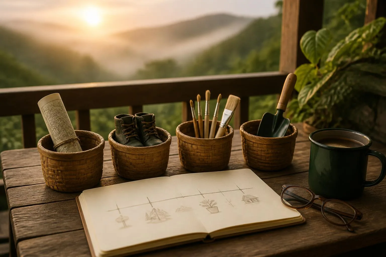 Veranda bij zonsopkomst met uitzicht op mistige groene heuvels, met vier rieten mandjes op een rij met een opgerolde kaart, wandelschoenen, penselen en een plantschepje, een notitieboek met een getekende tijdlijn, een groene mok en een leesbril