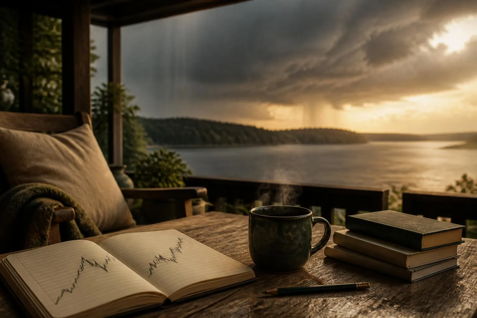 Notitieboek met een handgetekende grillige koerslijn en een dampende kop thee op een veranda, met donkere regenwolken boven het meer op de achtergrond