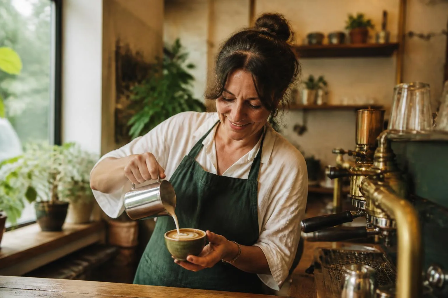 Barista schenkt met een glimlach koffie in een rustig koffiezaakje met daglicht