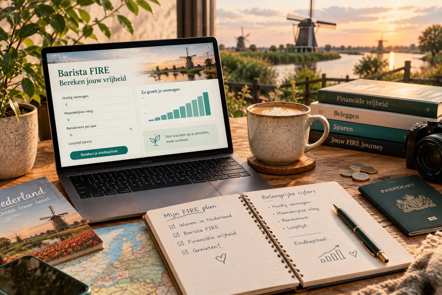 Rekenen aan een Barista FIRE-getal aan een houten tafel met notitieboek en koffie