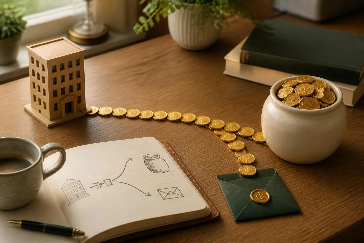 Stroom van gouden munten die van een houten miniatuurgebouw naar een crèmekleurige pot loopt, terwijl een klein deel afbuigt naar een groene envelop: een beeld van dividend waarop belasting wordt ingehouden