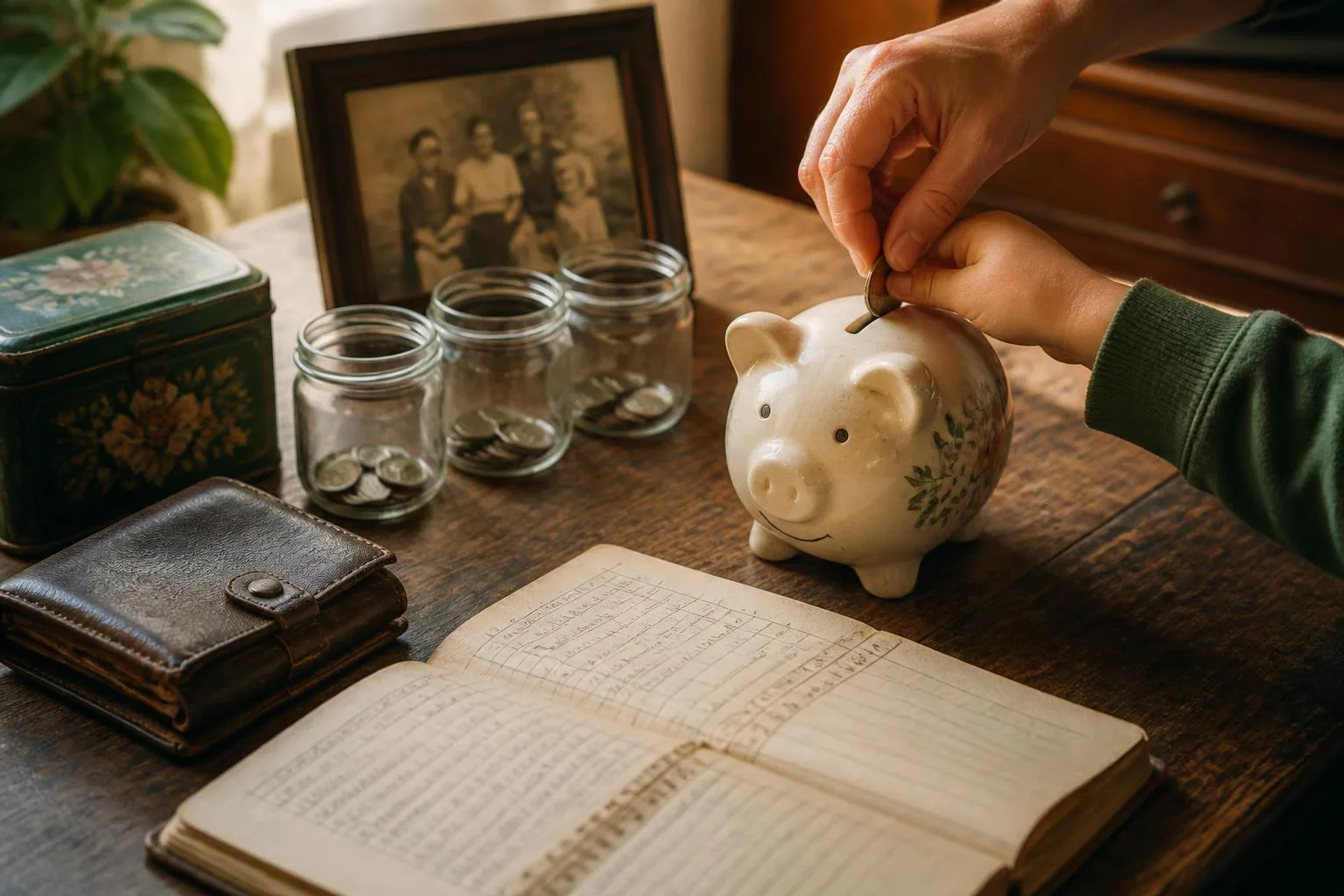 Een volwassen hand en een kinderhand die samen een munt in een wit spaarvarken doen, op een oude keukentafel met een opengeslagen huishoudboekje, glazen potjes met munten, een portemonnee, een geldblikje en een oude familiefoto