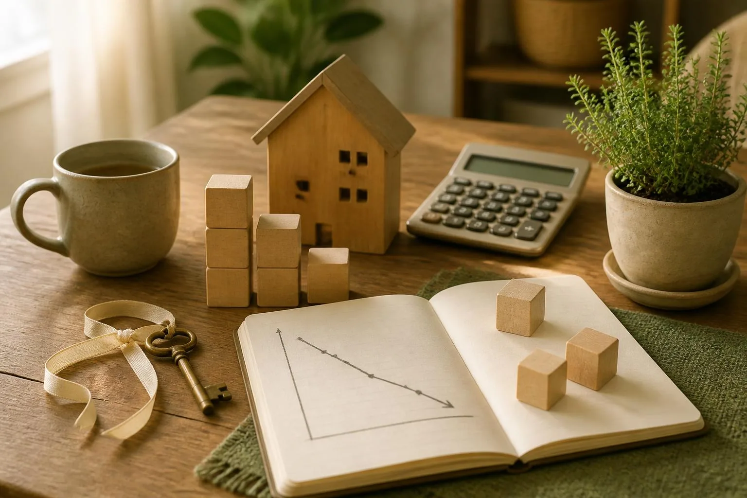 Houten modelhuisje op een keukentafel met een stapel houten blokjes ernaast en een paar blokjes opzij op een notitieboek met een dalende lijn, een oude huissleutel aan een lint, een rekenmachine, een stenen koffiemok en een plantje