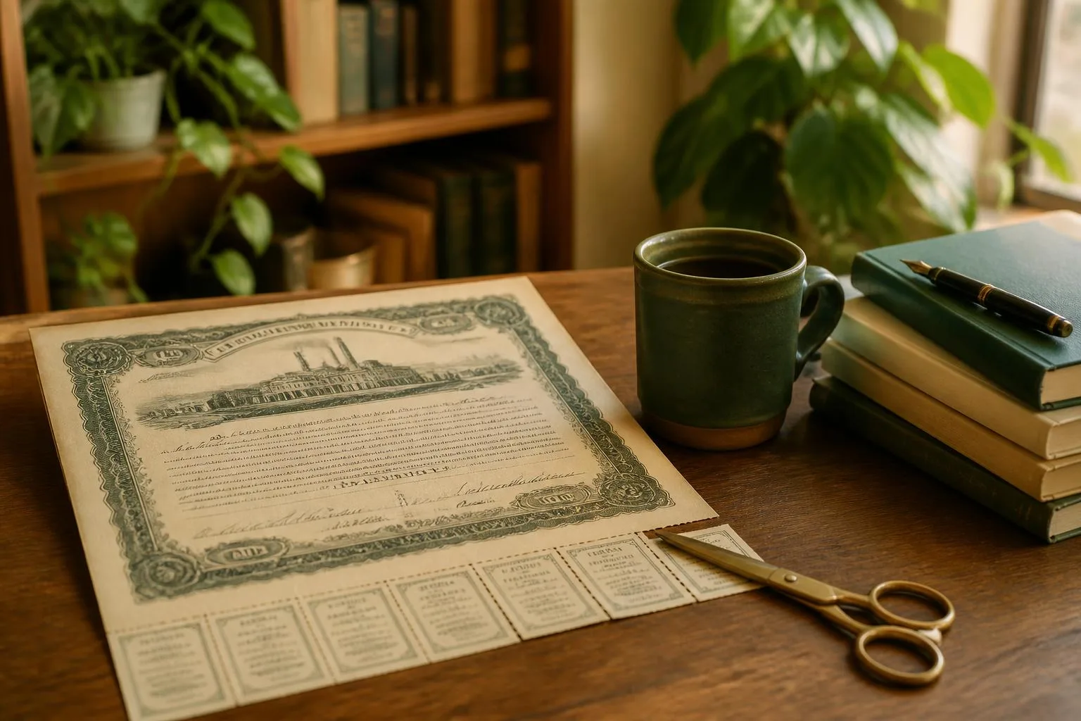 Ouderwets obligatiebewijs met afknipbare rentecoupons en een schaar op een houten bureau, naast een koffiemok en boeken in warm middaglicht