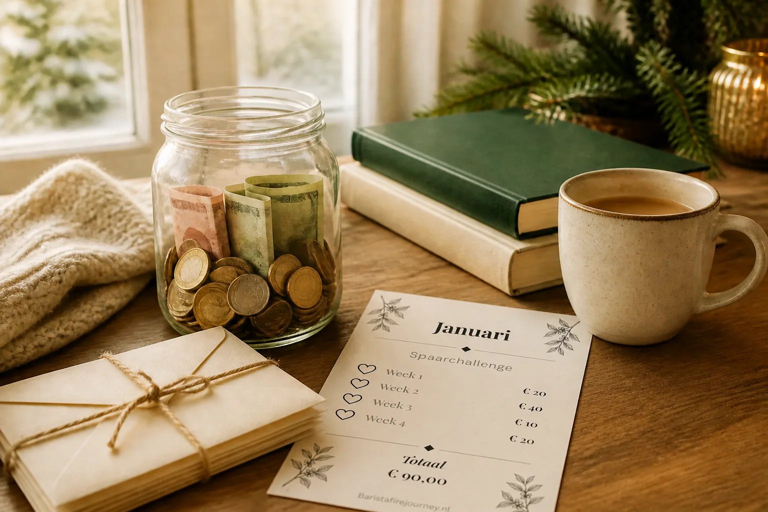 Het januarivel van de spaarchallenge met hartjes en weekbedragen naast een spaarpot met euromunten, enveloppen en een kop koffie op een houten tafel bij het raam
