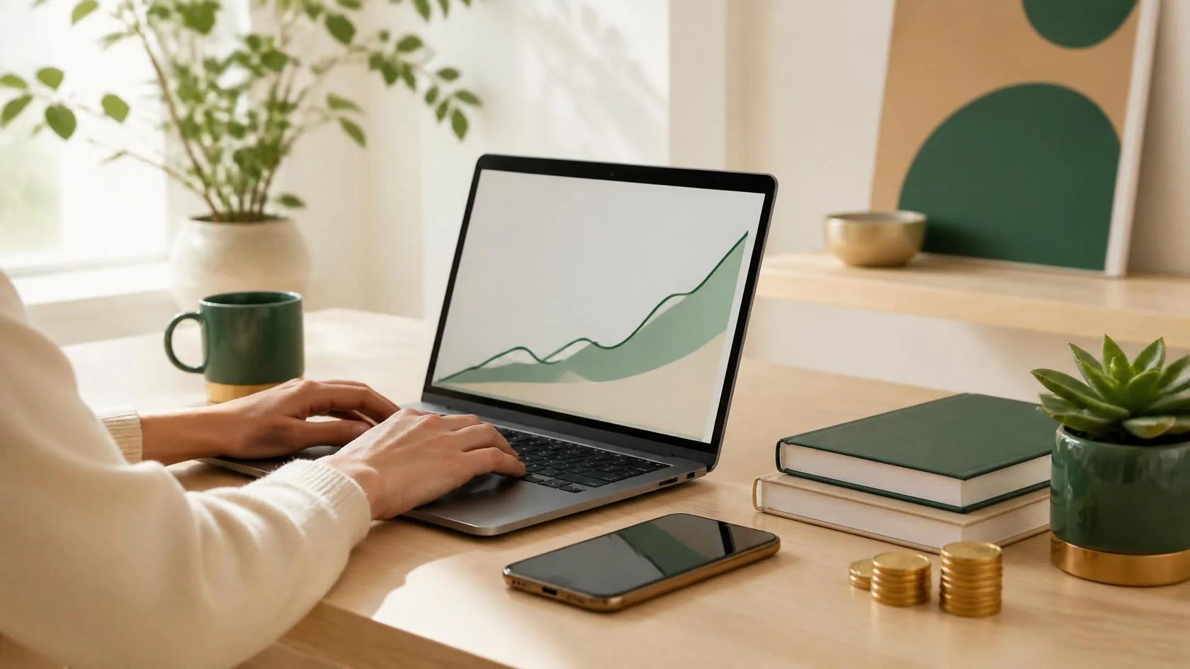 Iemand werkt aan een licht houten bureau met een laptop met een stijgende grafiek, naast twee studieboeken, een groene mok, een smartphone, een stapeltje munten en een vetplantje, als beeld van de keuze tussen studieschuld aflossen of beleggen