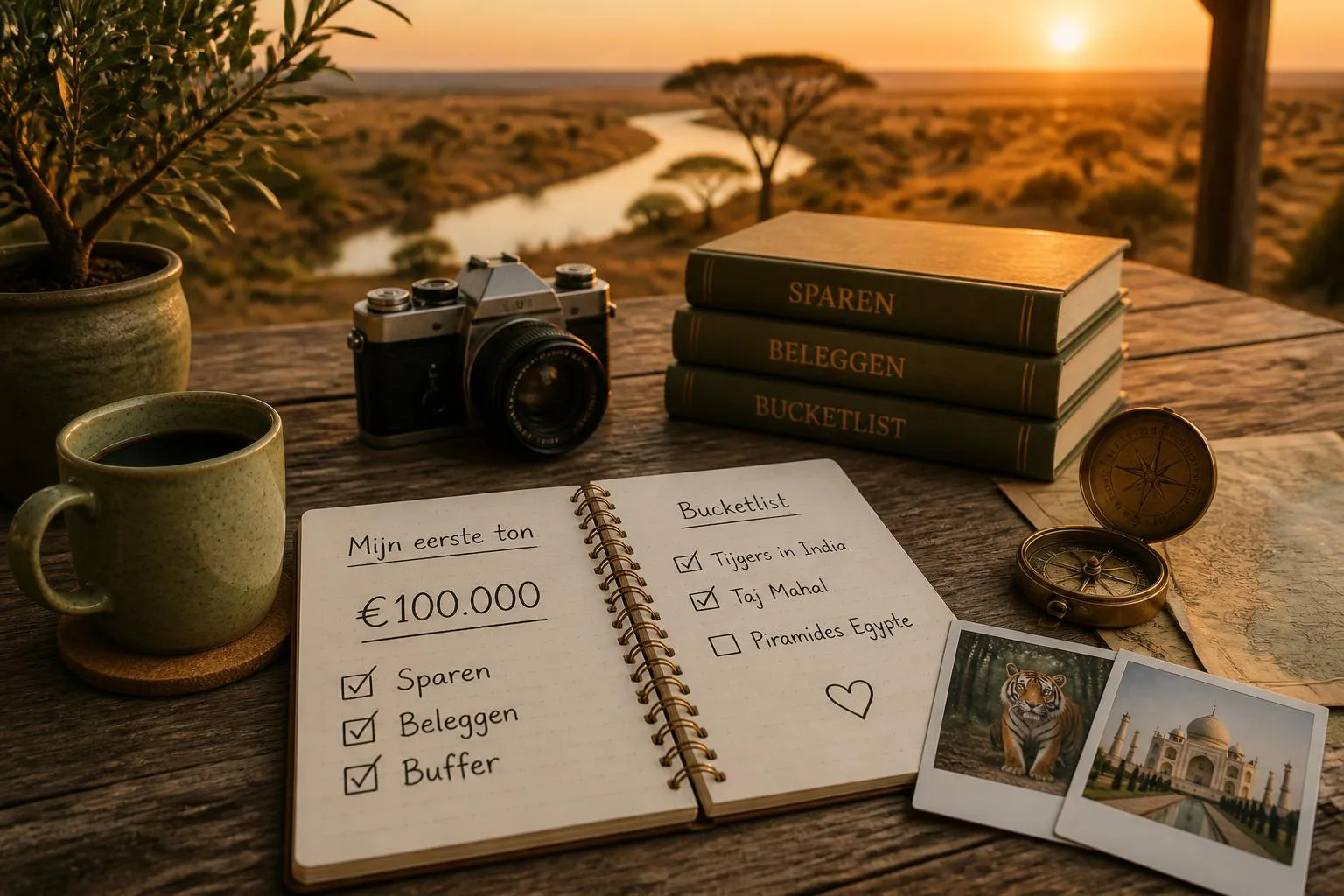 Notitieboek met Mijn eerste ton en een bucketlist op een houten tafel met uitzicht over de savanne